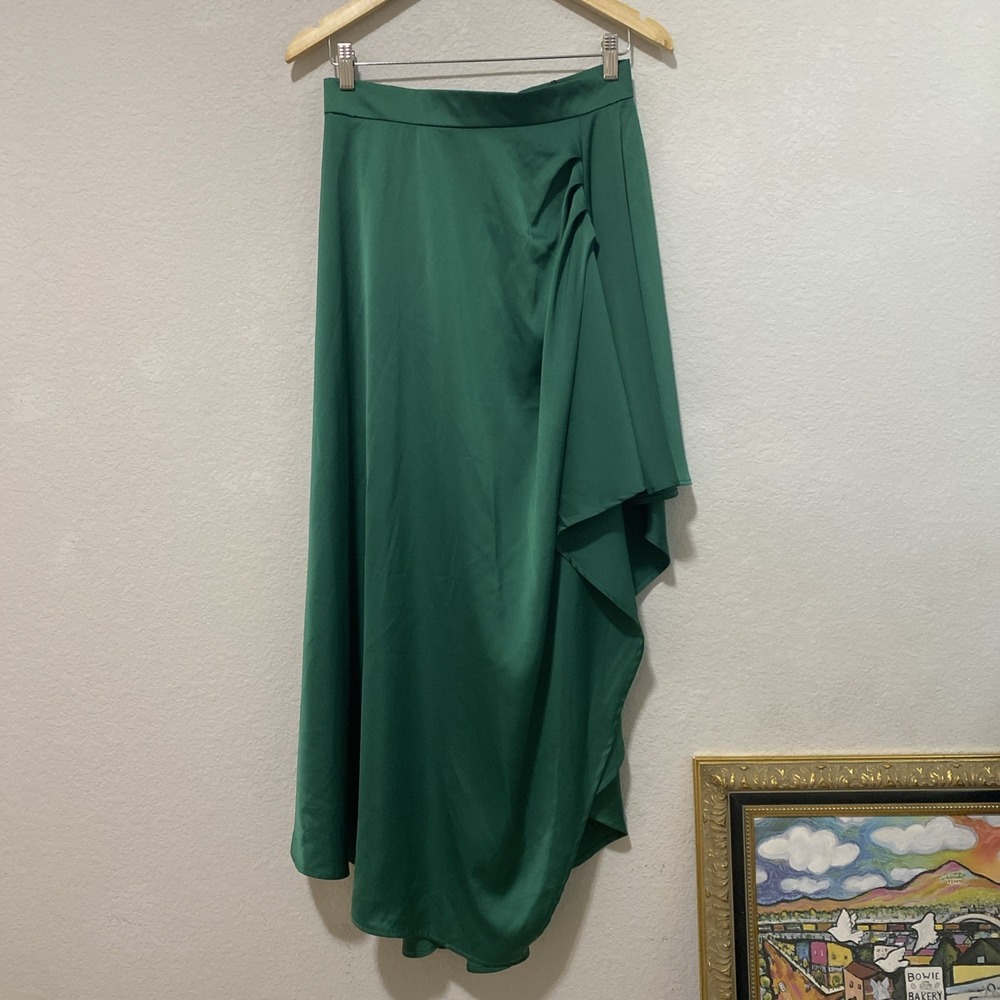 New With Tags Beulah Style Green Satin Skirt With Ruffles, Sz S/M, Holiday Ready